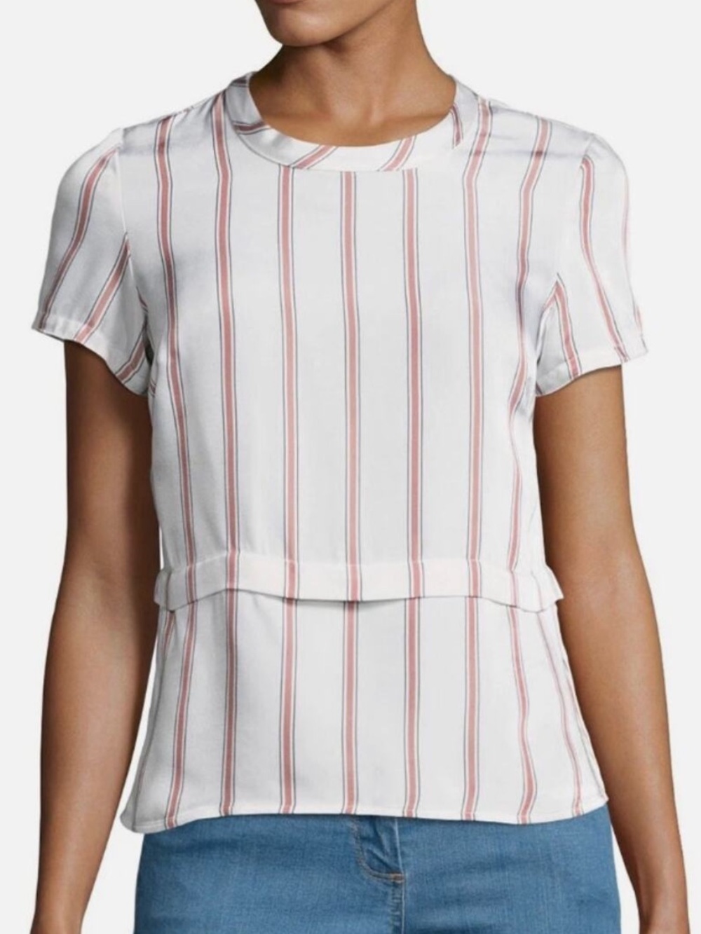 Veronica Beard Striped S/S Viscose Satin T-Shirt Top White Red Black Sz  4